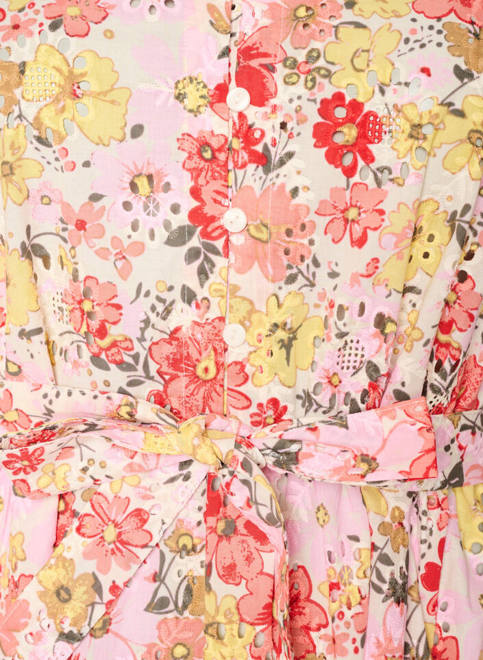 Bloemen midi-jurk met broderie anglaise en een strikriem, Roze, Packshot