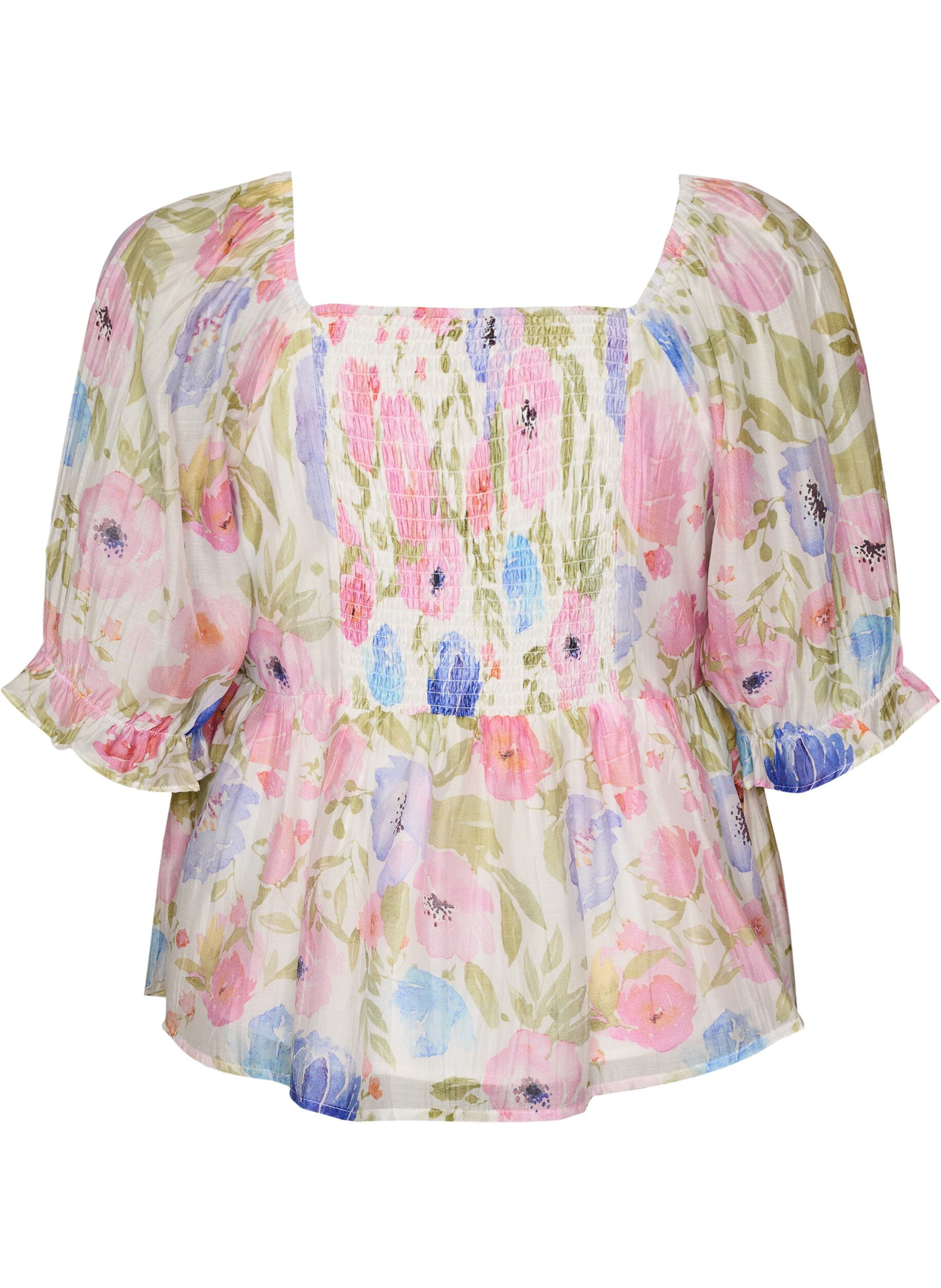 Zizzi Blouse en lyocell &agrave; imprim&eacute; floral et d&eacute;collet&eacute; en c&oelig;ur, Blanc, Packshot image number 1