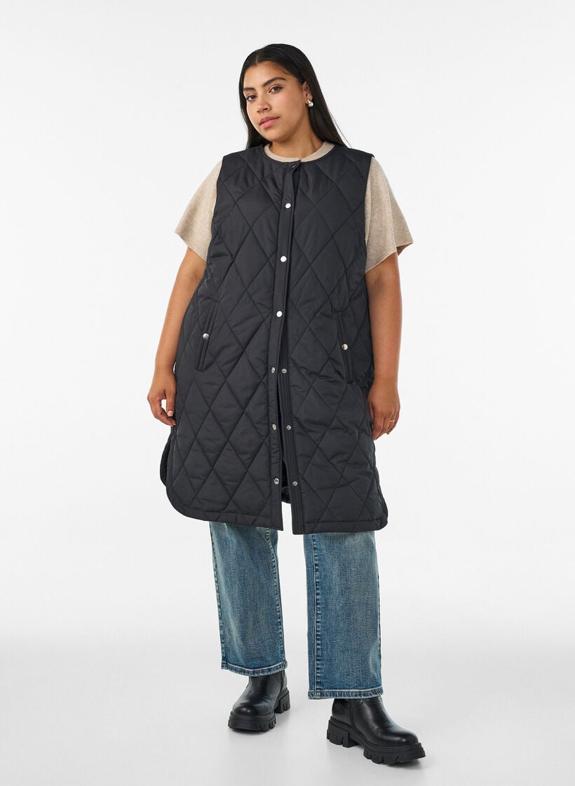 Lange gewatteerde gilet met drukknoopsluiting, Zwart, Model image number 1