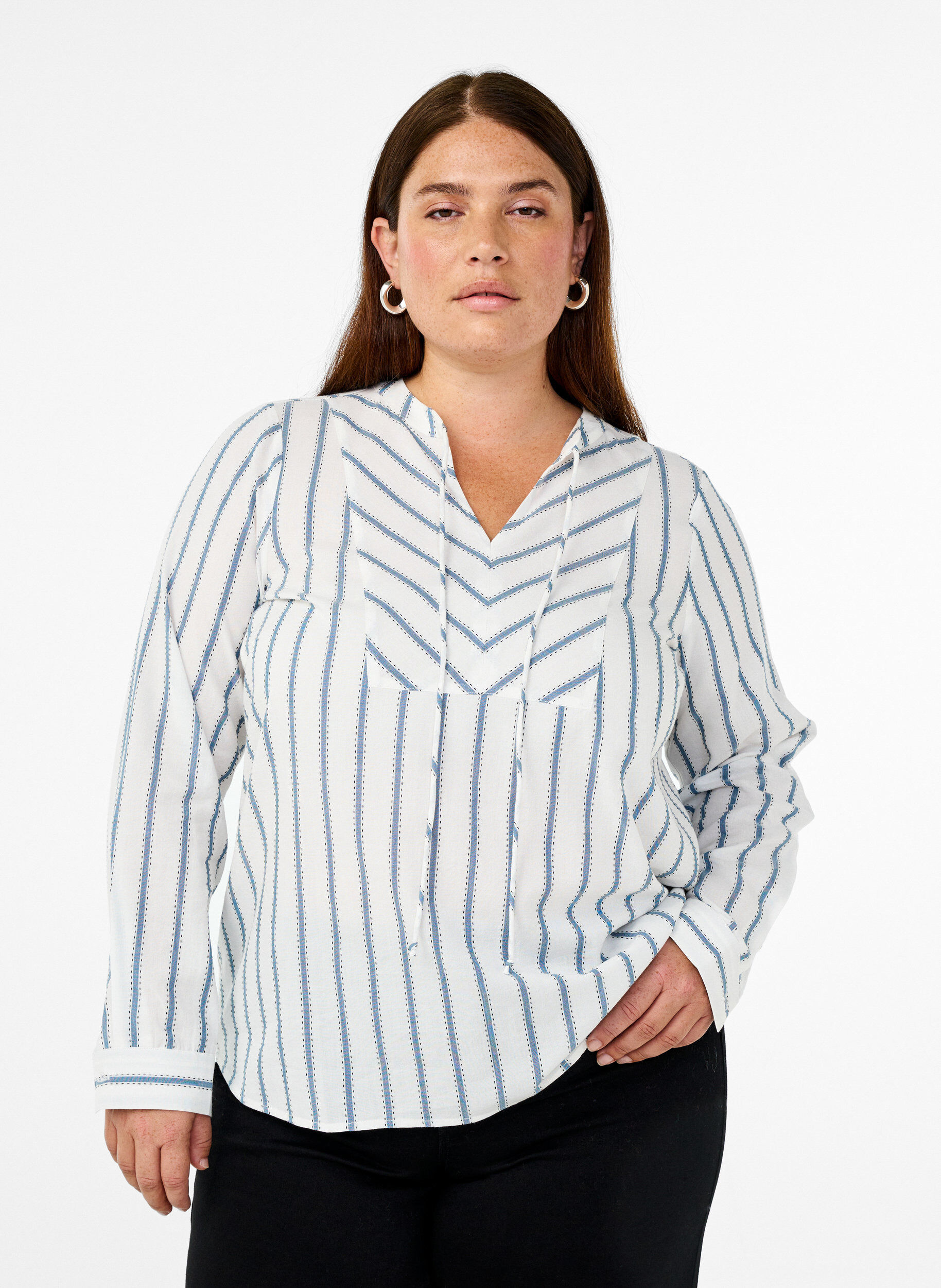 Gestreepte blouse met strikdetail, Wit, Model