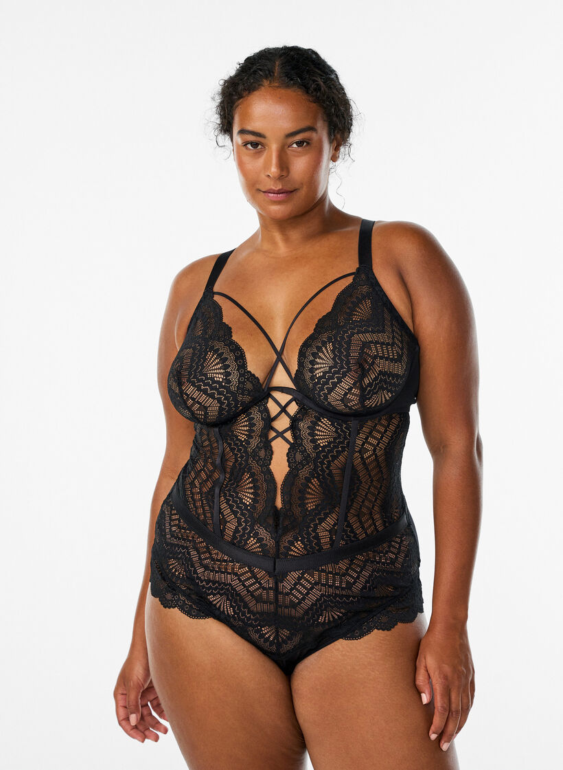 Kantbody met vetersluitingdetails, Zwart, Model image number 0