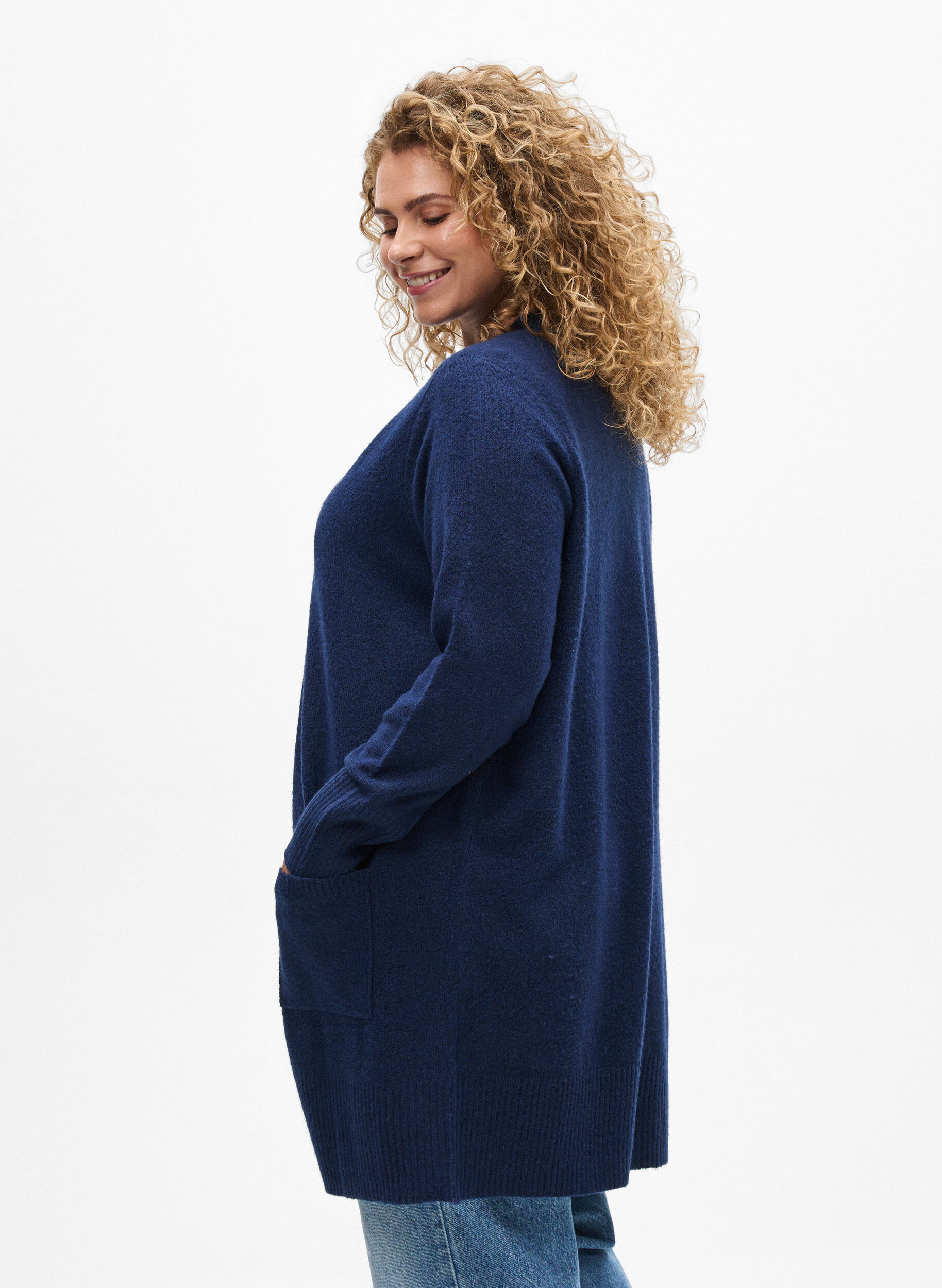 ZizziGeribd gebreid vest met zakken, Blauw, Model image number 2