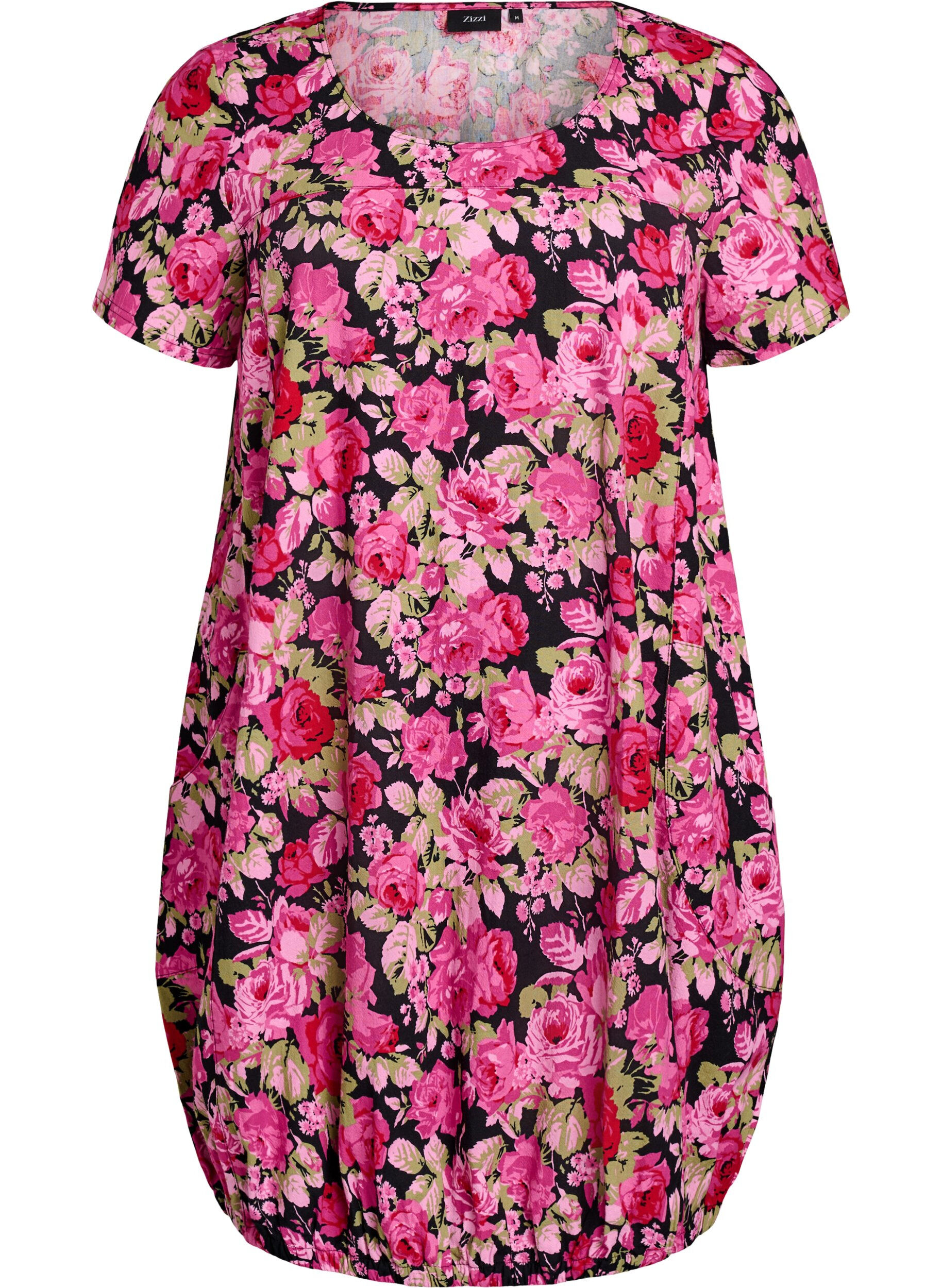 ZizziKatoenen jurk met korte mouwen en print, Zwart, Packshot image number 0