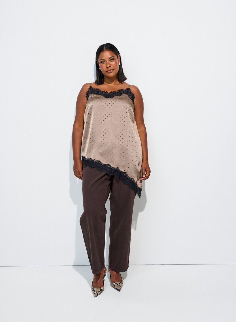 Top met bandjes en een kanten asymmetrische zoom, Beige, Model image number 1