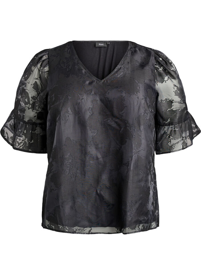 Feestelijke blouse in organza-look met ton-sur-ton patroon, Zwart, Packshot image number 0