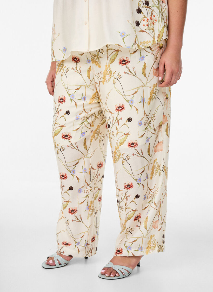 High-waist viscose broek met bloemenprint, Beige, Model
