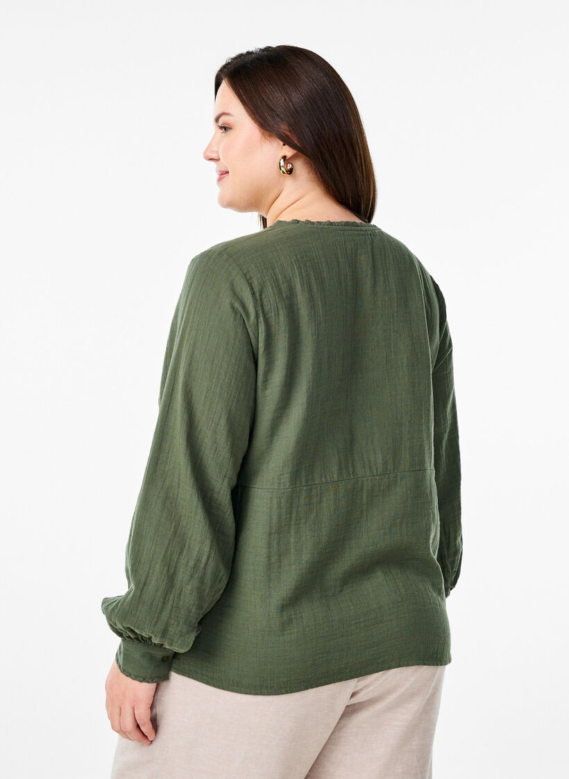 Katoenen mousseline blouse met haakdetails, Groen, Model image number 2