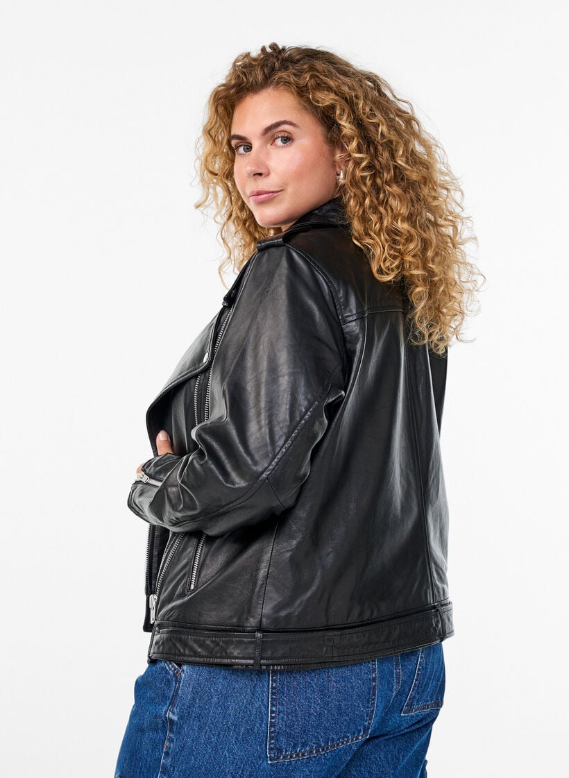 Leren bikerjack met riem, Black, Model