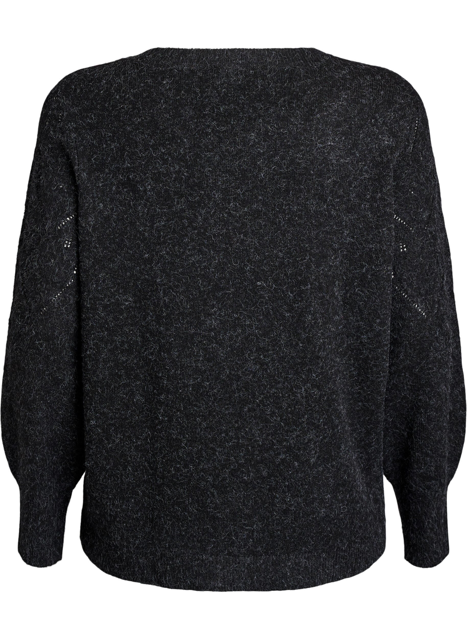 ZizziGebreide top met opengewerkt patroon en ballonnen mouwen, Grijs, Packshot image number 1