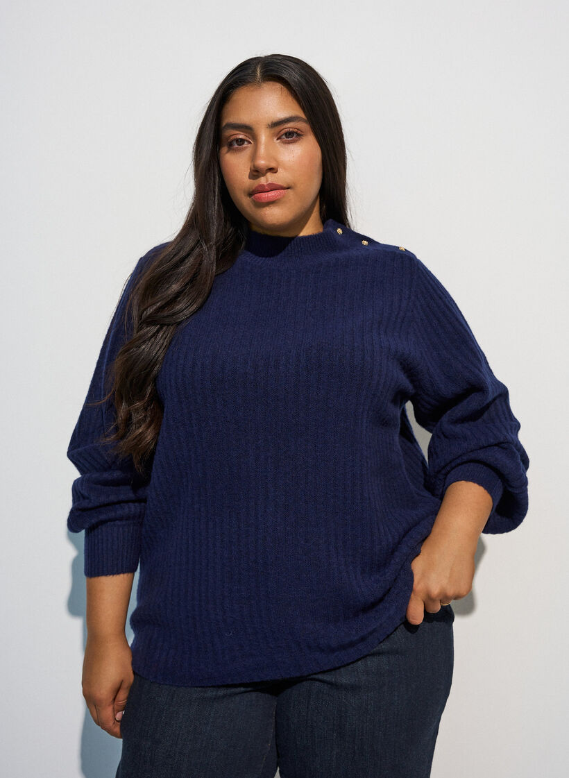 Geribde trui met pofmouwen en knopen, Blauw, Model image number 0