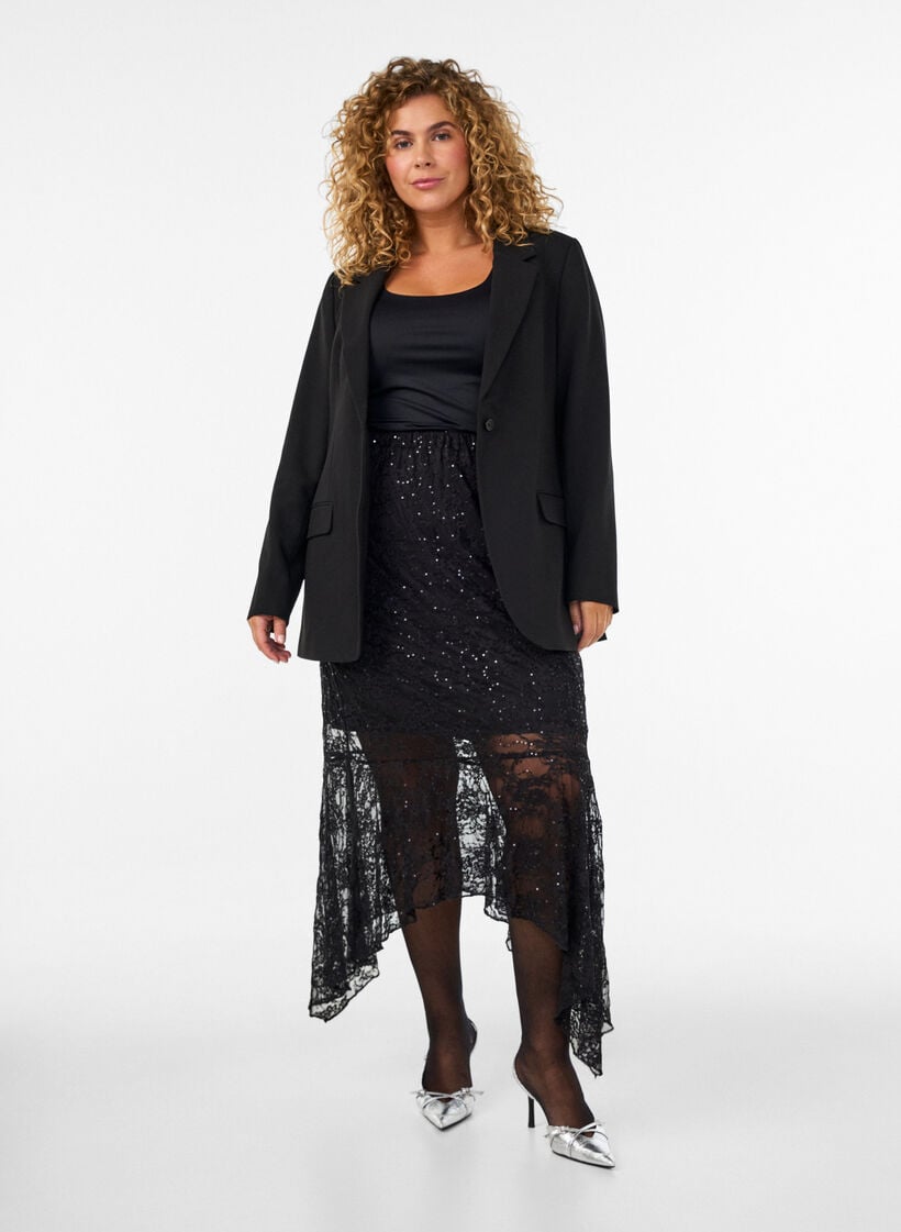 Kanten midirok met pailletten, Zwart, Model image number 1