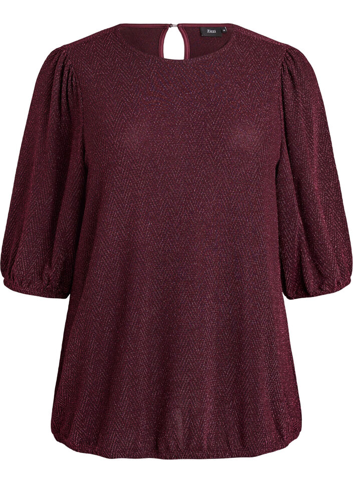Blouse met glitterpatroon en 3/4 mouwen, Donker Bordeaux, Packshot image number 0