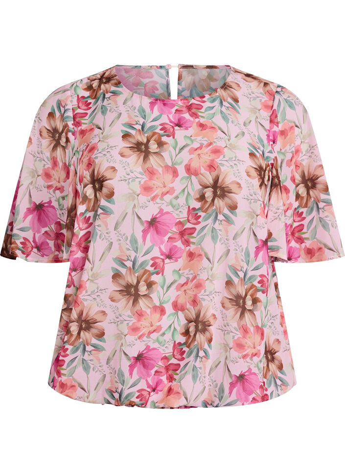 Bloemenblouse met korte mouwen en smokwerk, Roze, Packshot image number 0