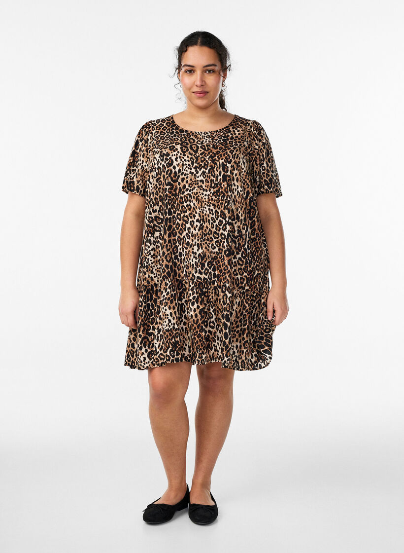Viscose jurk met snijlijn, Bruin, Model image number 1