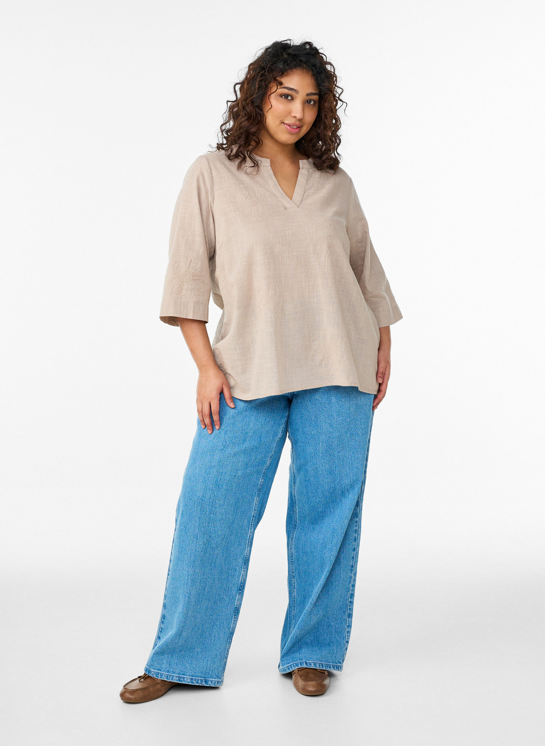 ZizziKatoenen blouse met geborduurde details en 3/4 mouwen, Beige, Model image number 1