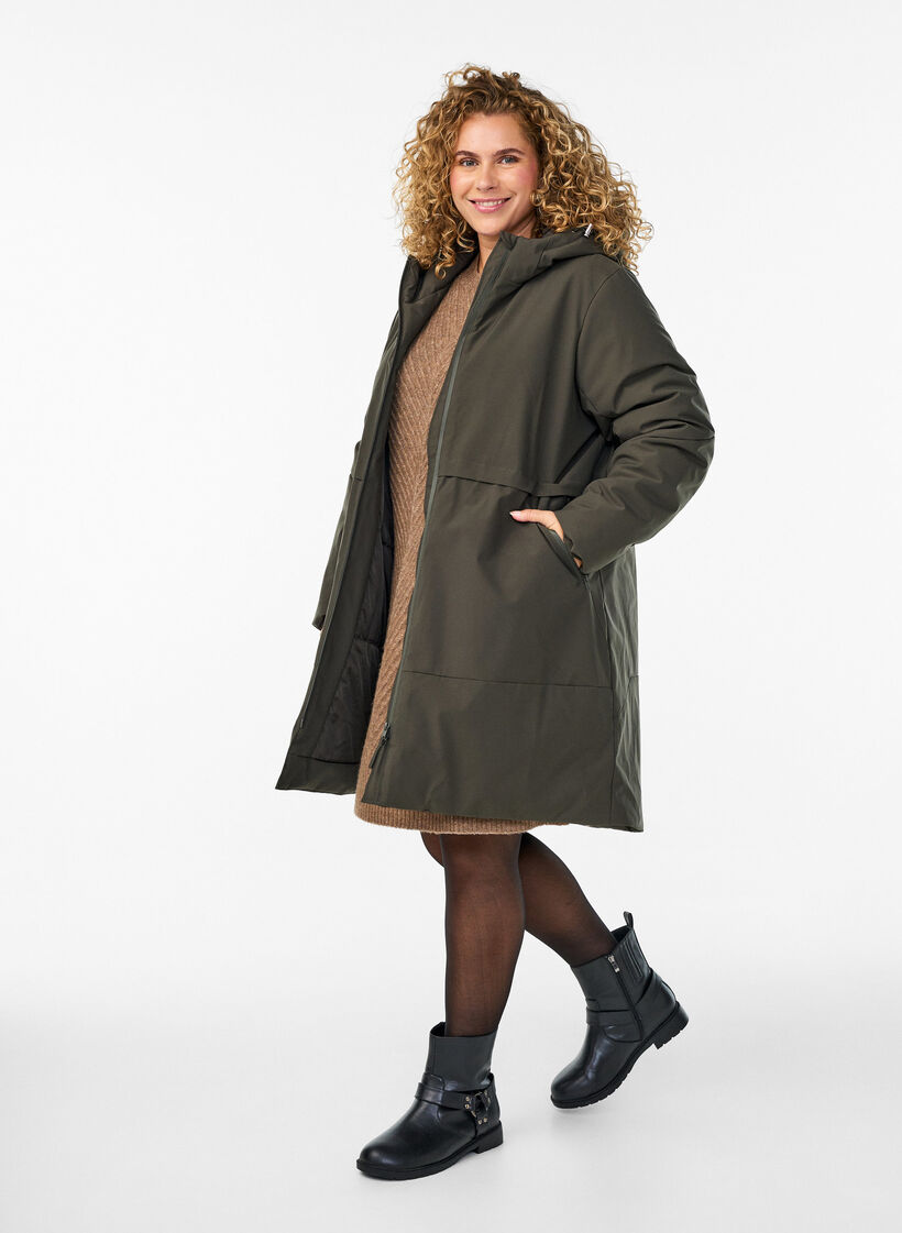 Winterjas met verstelbare taille, Groen, Model image number 1