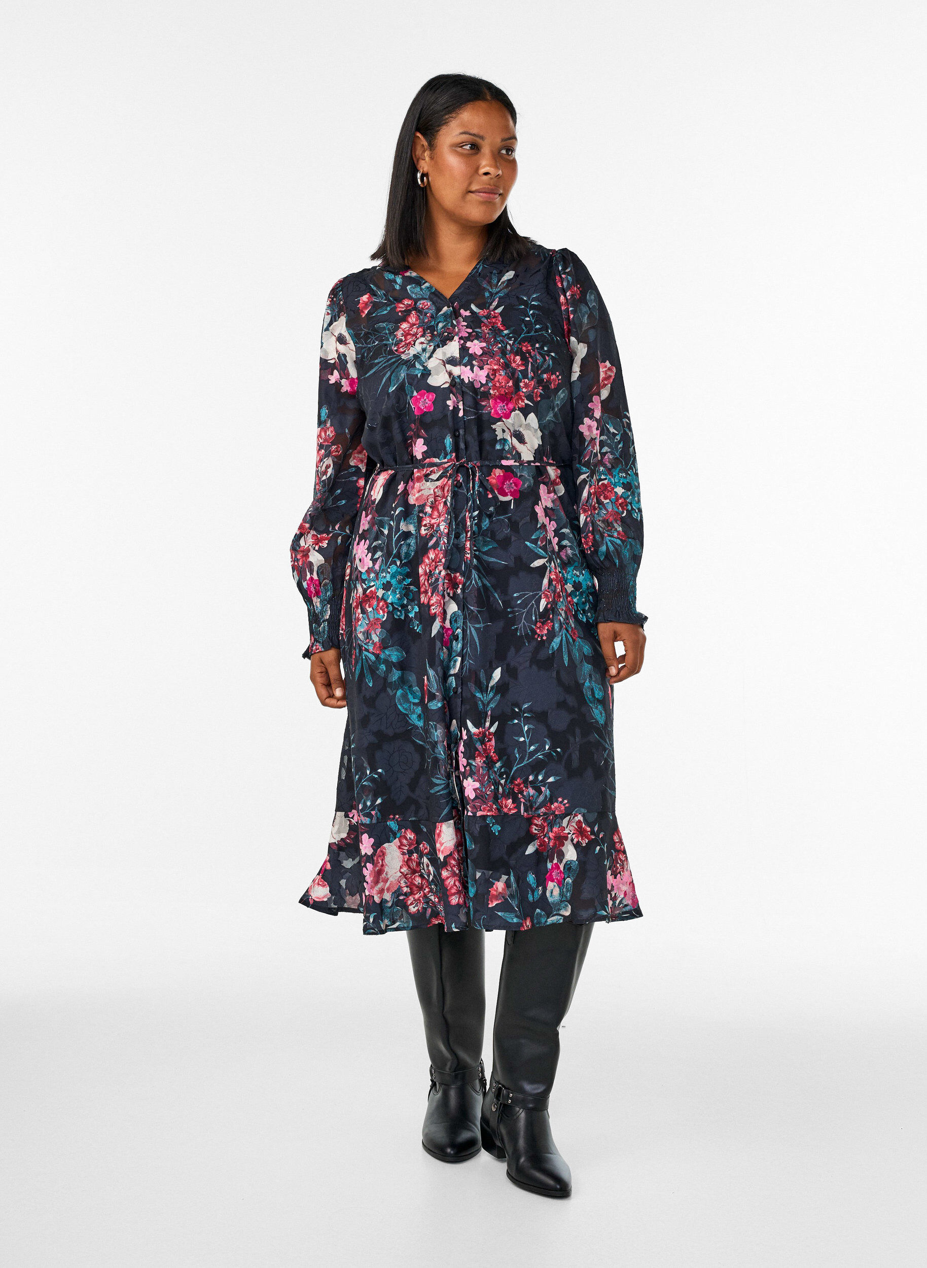 Bloemen midi-jurk met geweven textuur en strikceintuur, Zwart, Model