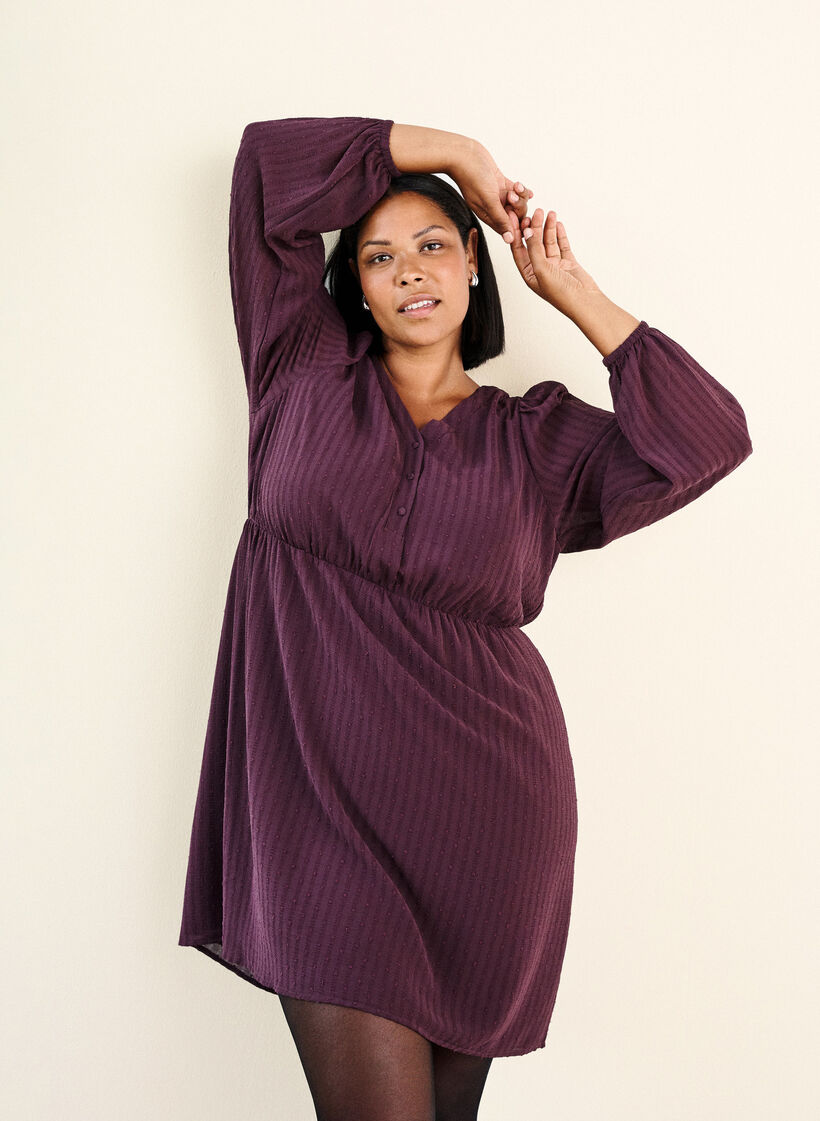 Korte jurk met tonale strepen en gestructureerde stippen, Donker Bordeaux, Image image number 0