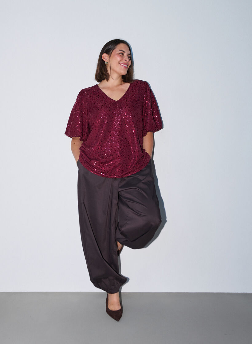 Blouse met pailletten en ballonmouwen, Rood, Model image number 1