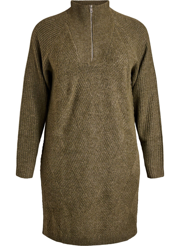 Halflange gebreide jurk met hoge kraag, Groen, Packshot image number 0