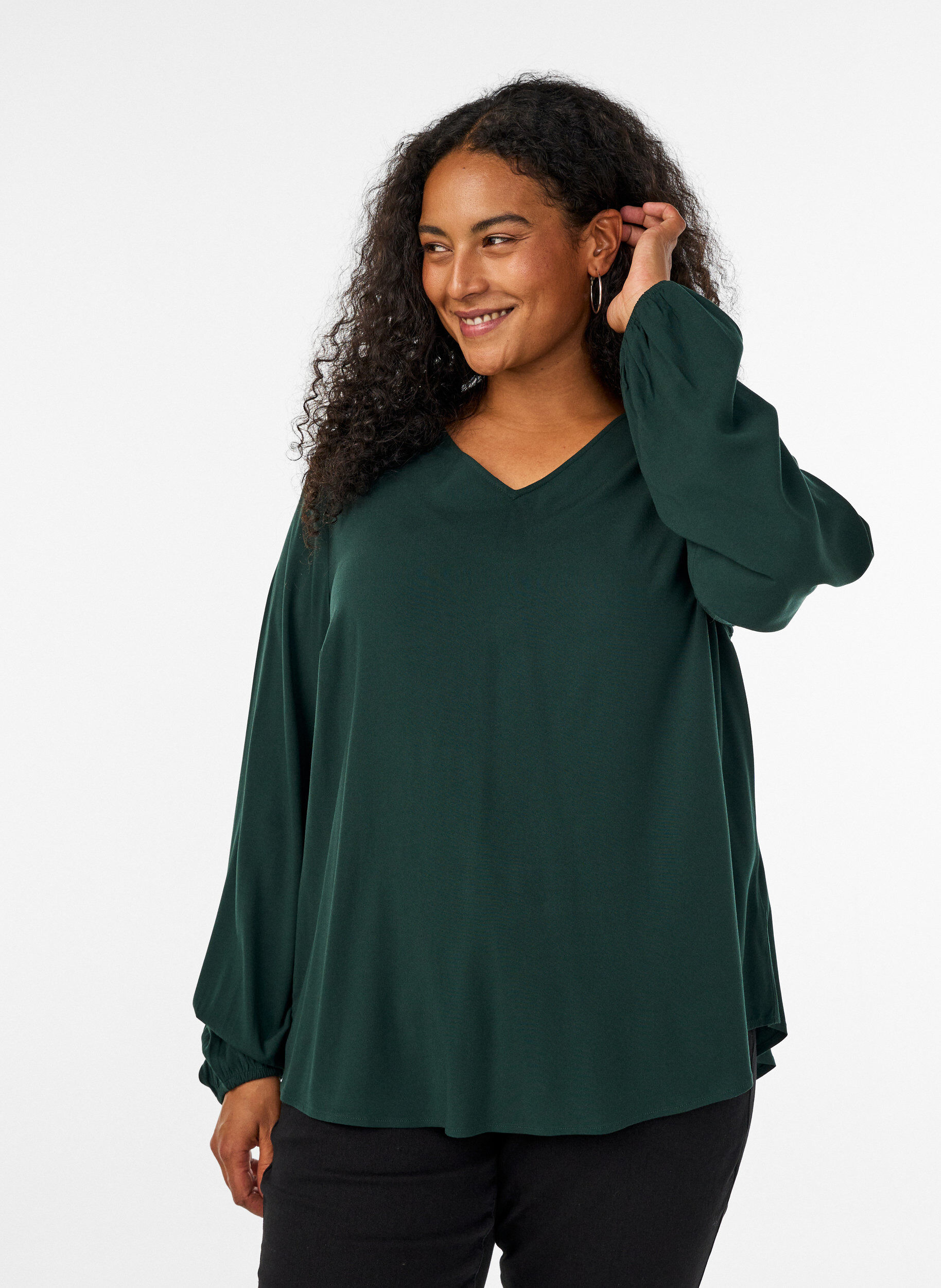 Viscose blouse met V-hals en afgeronde zoom, Groen, Model