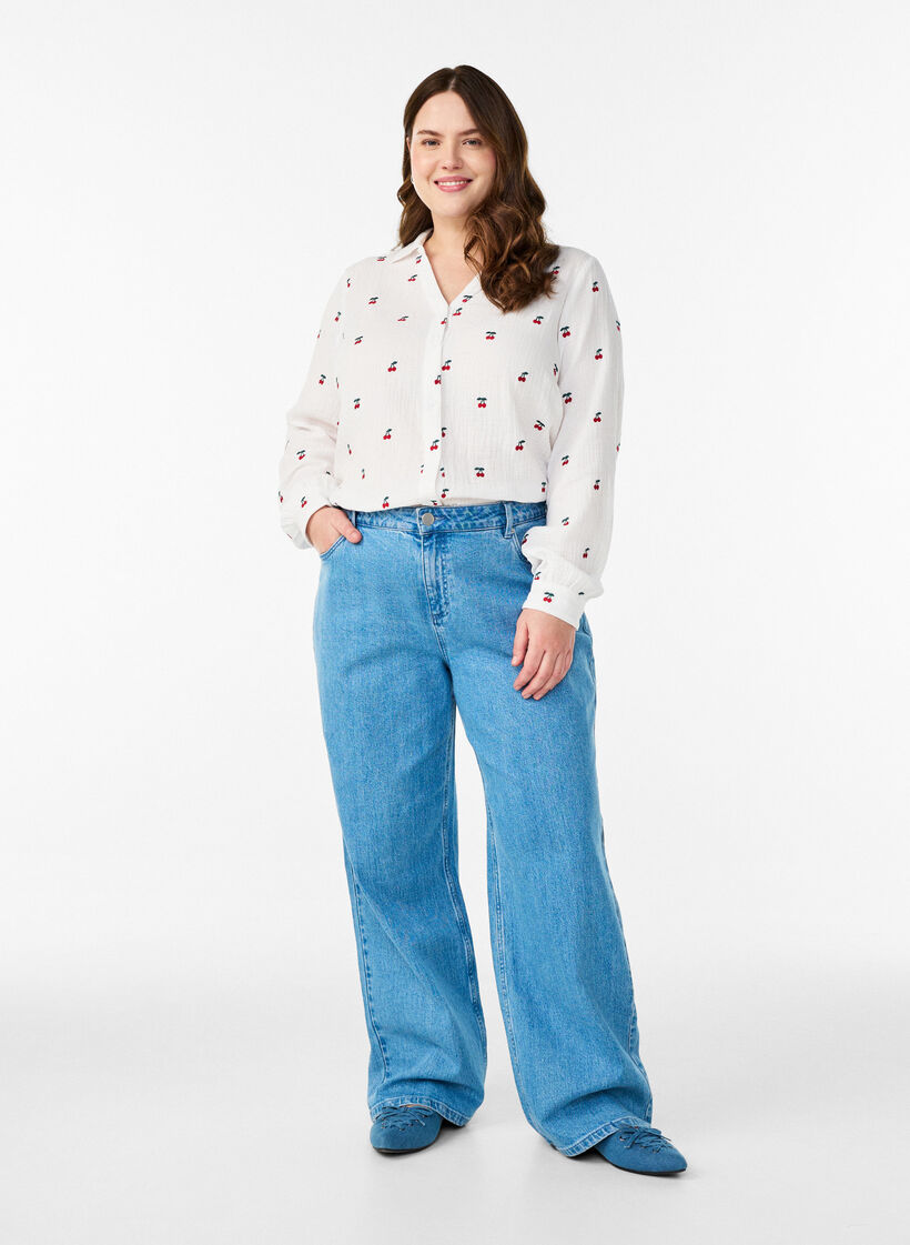 Blouse van katoen mousseline met lange mouwen en geborduurde motieven, Vanille, Model image number 1