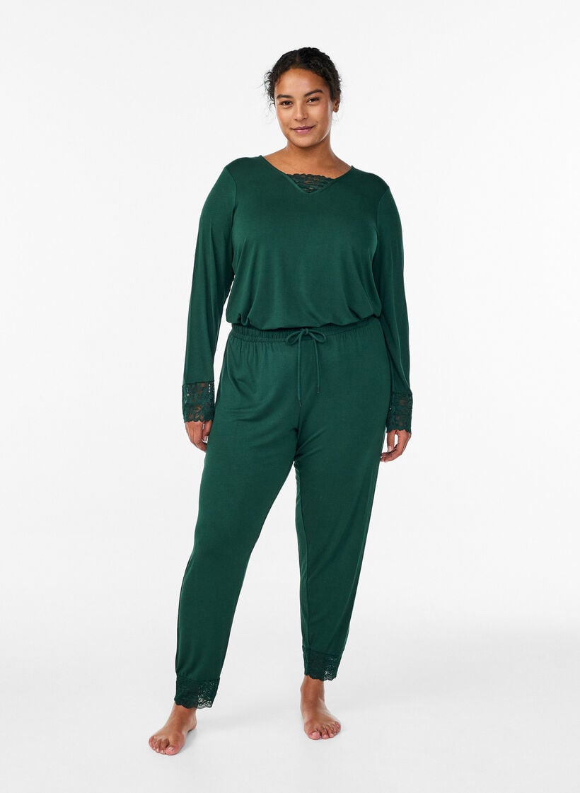 Pyjamabroek met kanten rand en high waist, Groen, Model image number 0