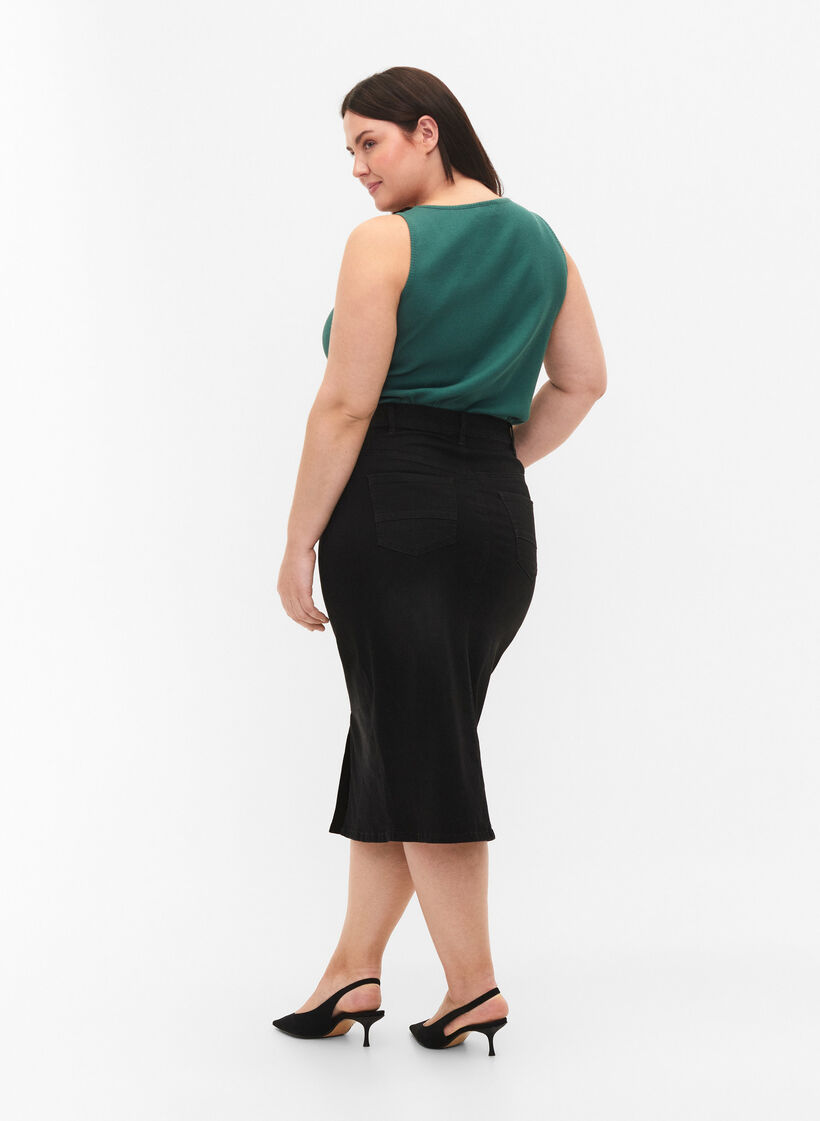 Denim midi-rok met split, Black, Model