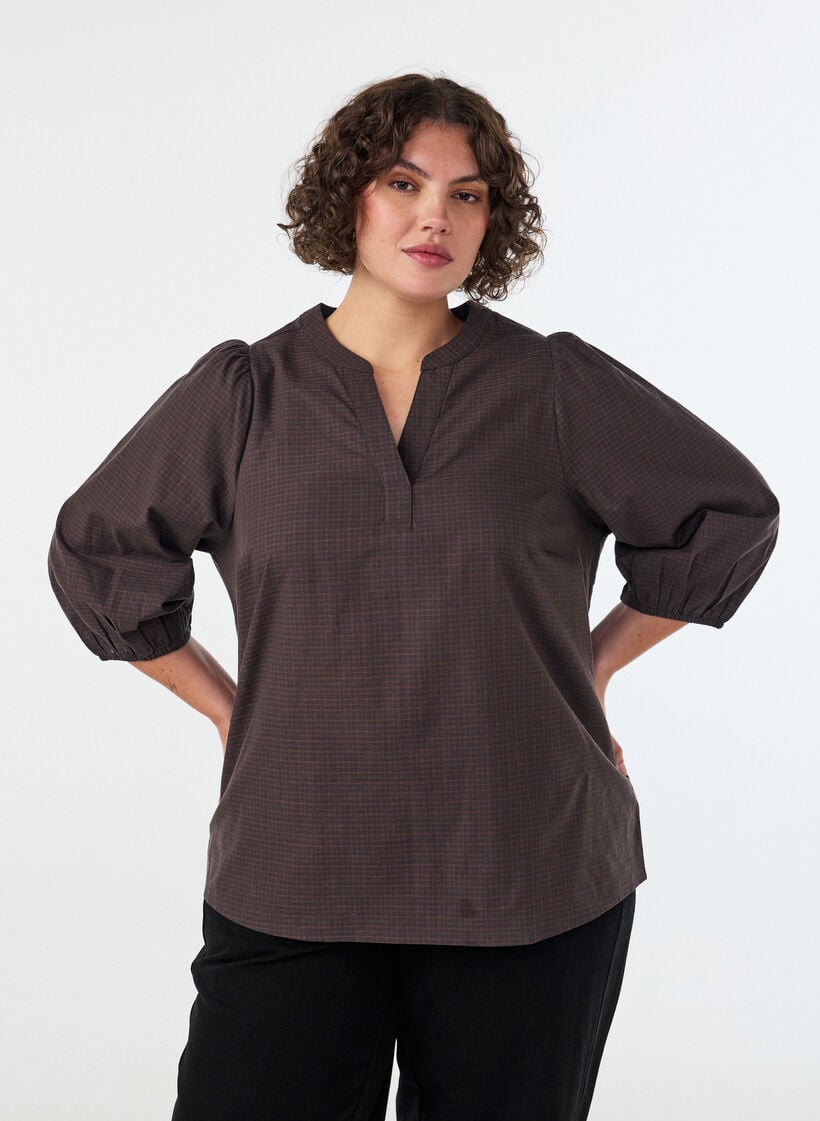 Blouse met ruitdessin, V-hals en 3/4-mouwen, Bruin, Model image number 0