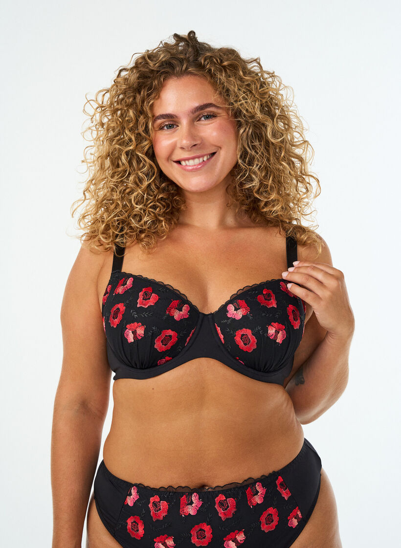 Voorgevormde beugel-bh met bloemenborduursel, Zwart, Model image number 0