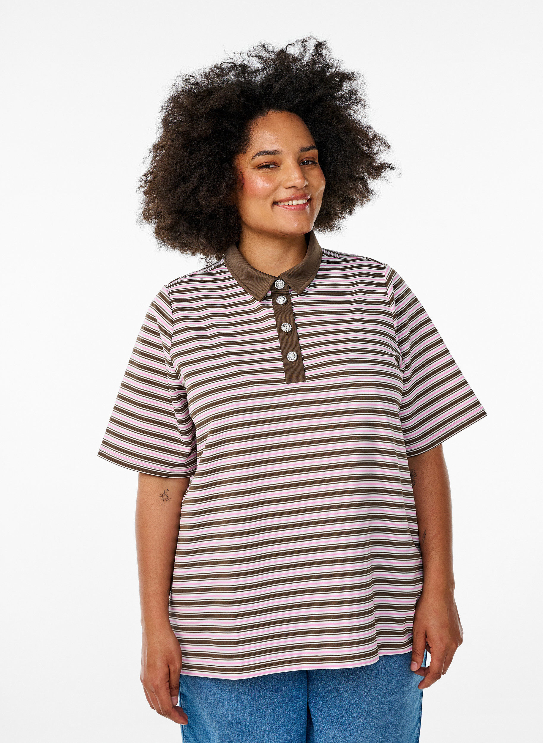 Gestreept poloshirt met korte mouwen en knopen, Bruin, Model