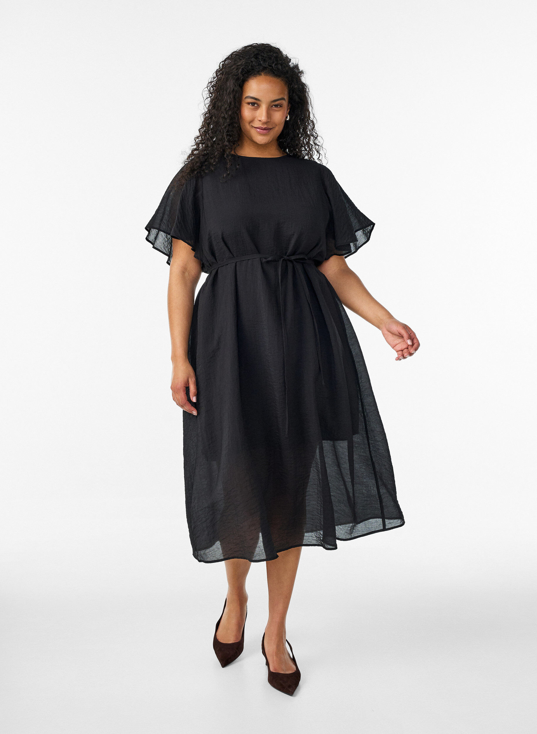 ZizziEnkellange jurk met vlindermouwen en strikceintuur, Zwart, Model image number 0
