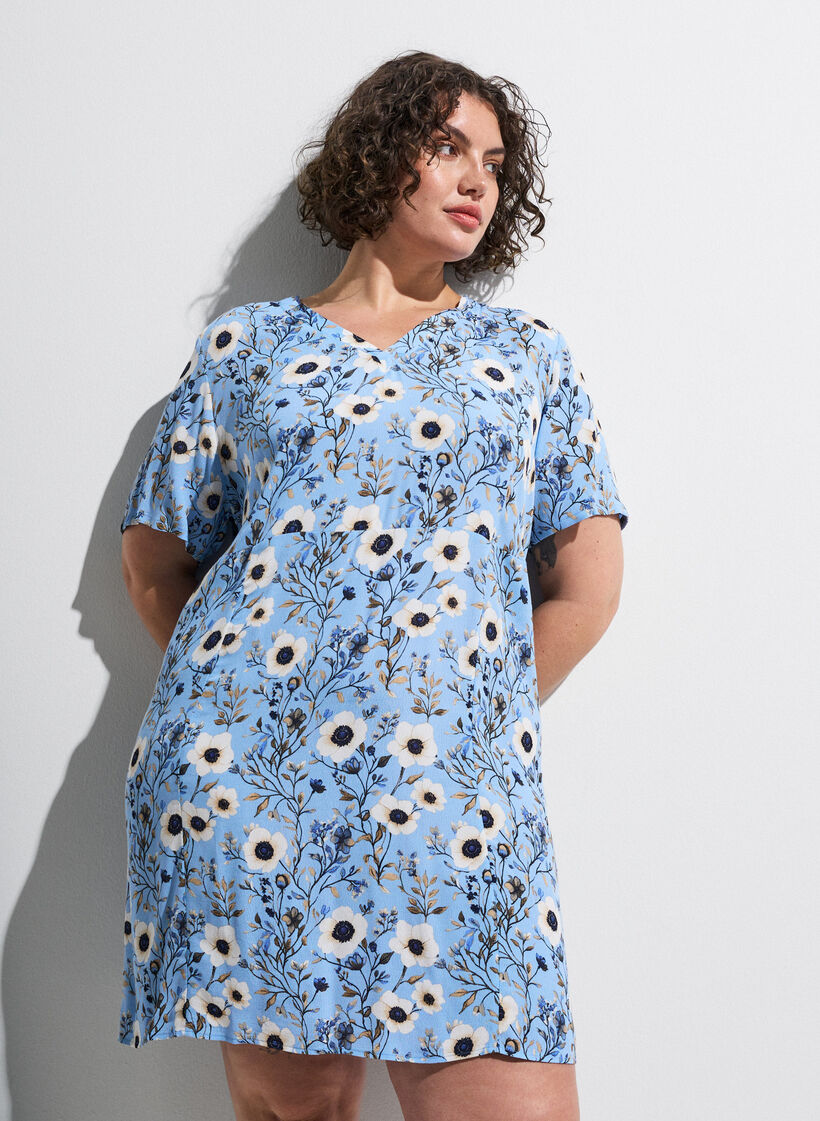 Korte jurk met bloemenprint, Blauw, Image image number 0