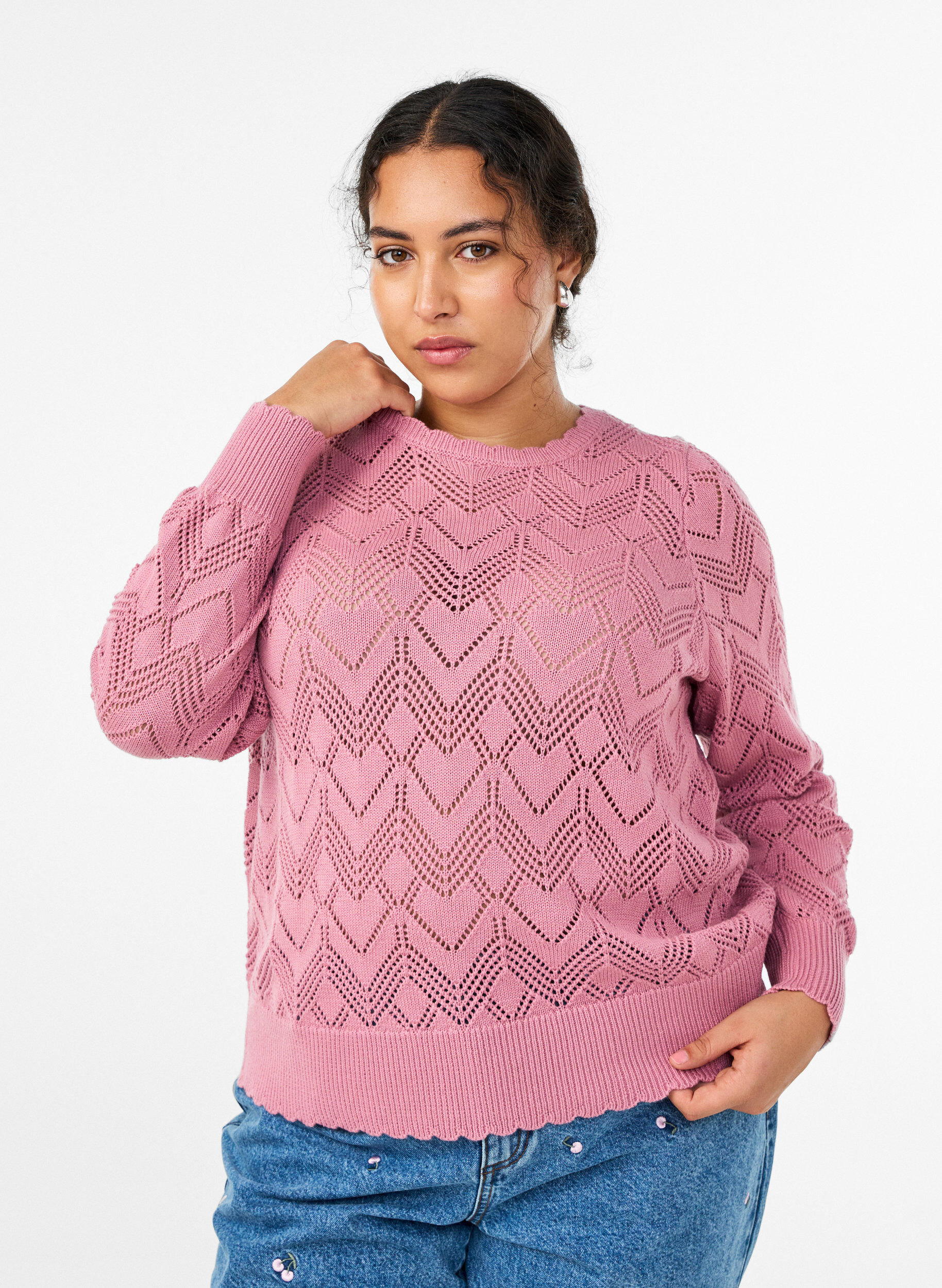 ZizziGebreide blouse met patroon, golvende rand en ronde hals, Roze, Model image number 0
