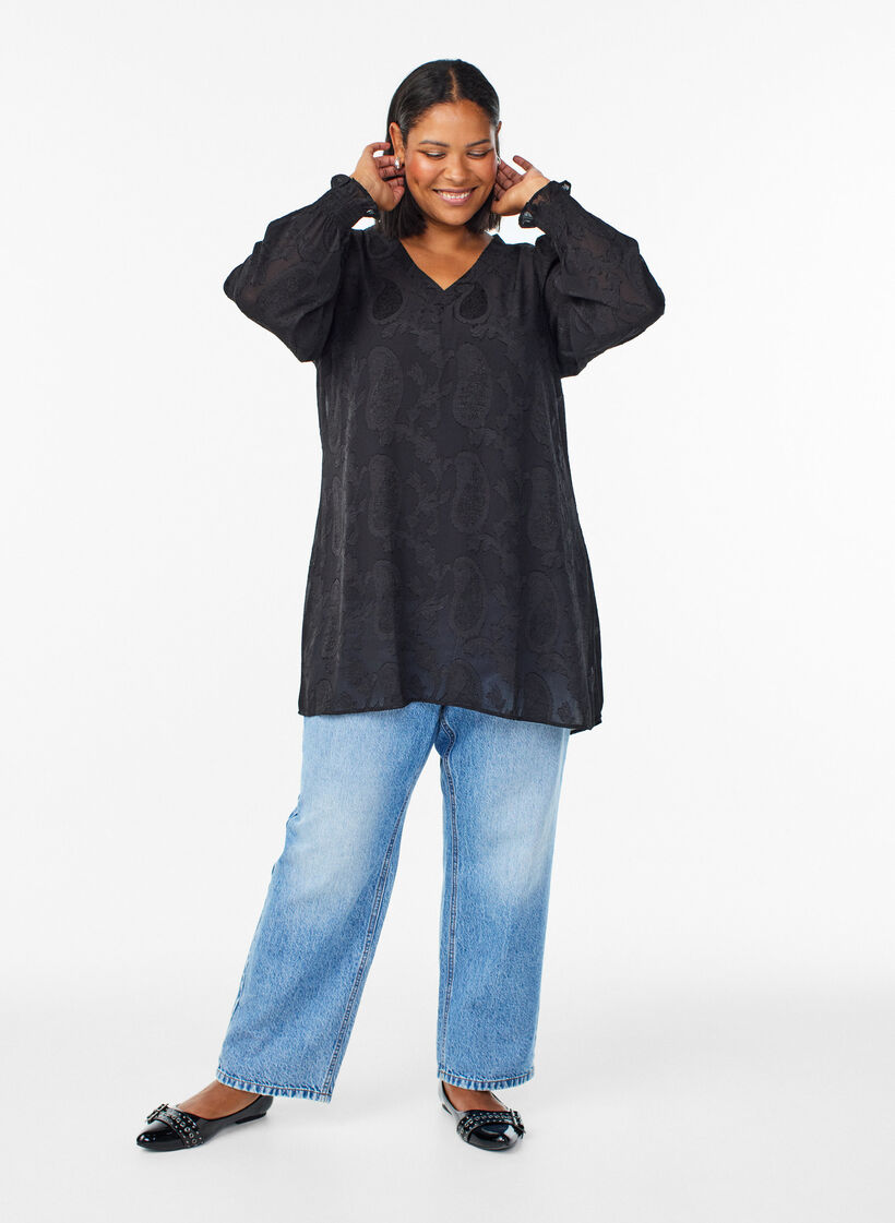 Tunic met paisleytextuur en lange mouwen, Zwart, Model image number 1