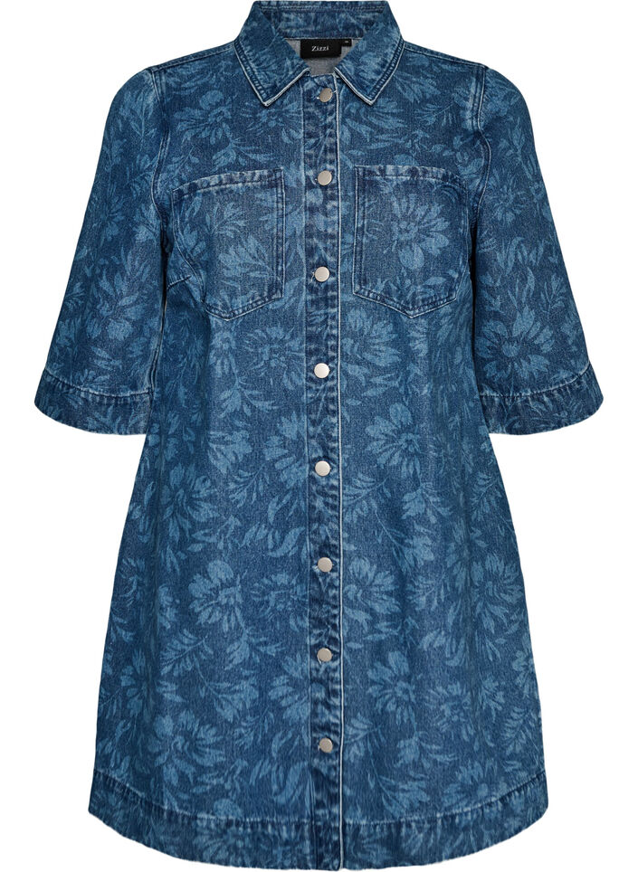 Robe en jean &agrave; imprim&eacute; floral avec poches poitrine, Bleu, Packshot image number 0