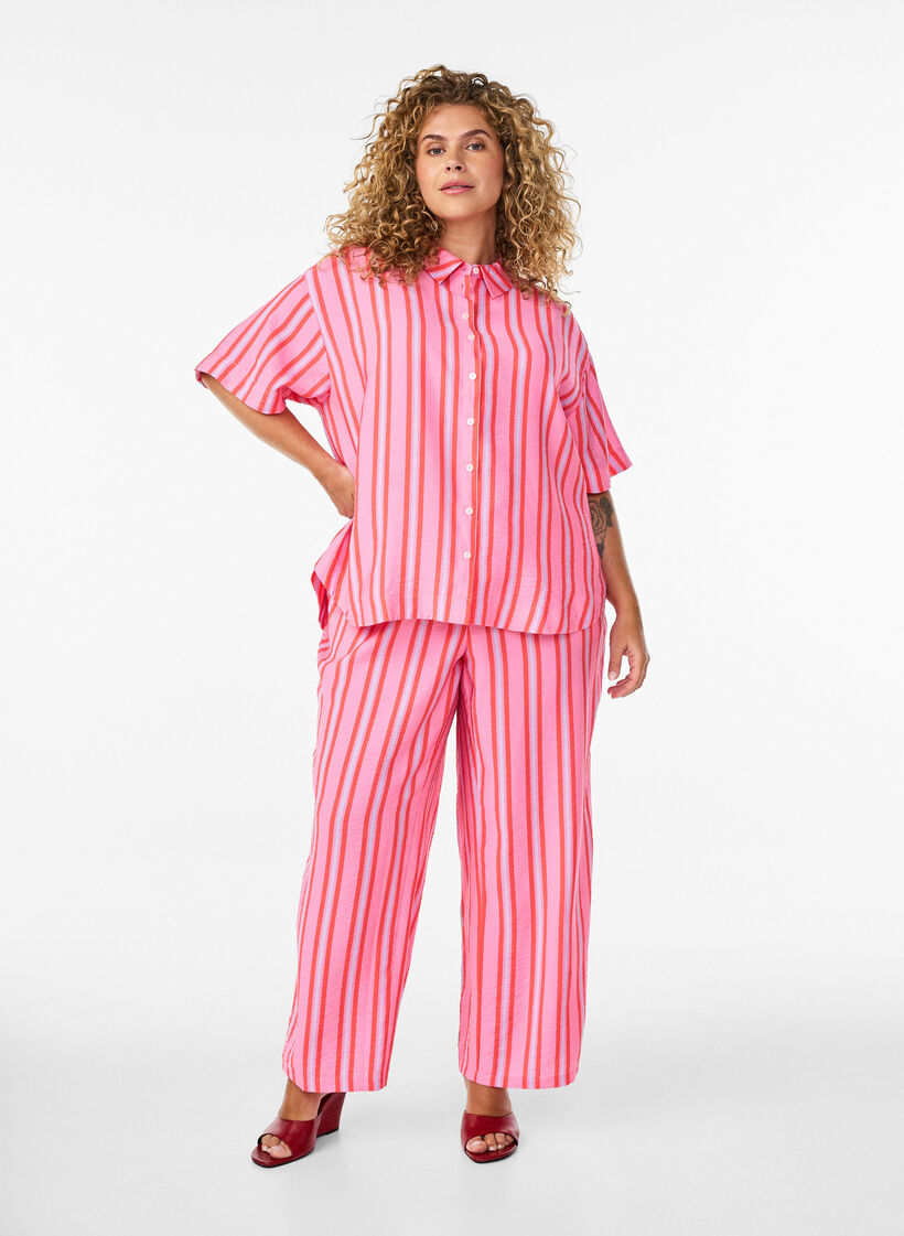 Gestreepte broek met hoge taille en wijde pijpen, Roze, Model
