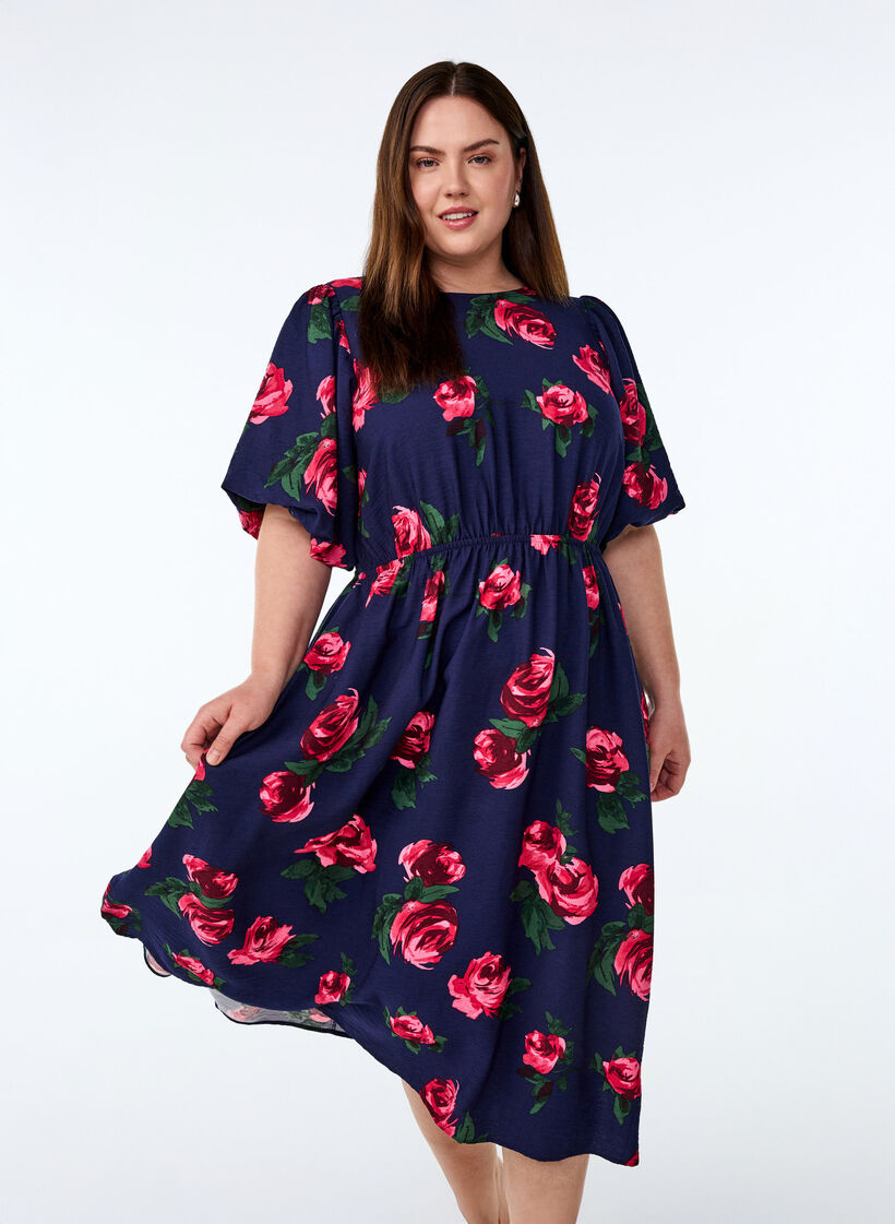 Midi-jurk met rozenprint en korte ballonmouwen, Pink Rose AOP, Model