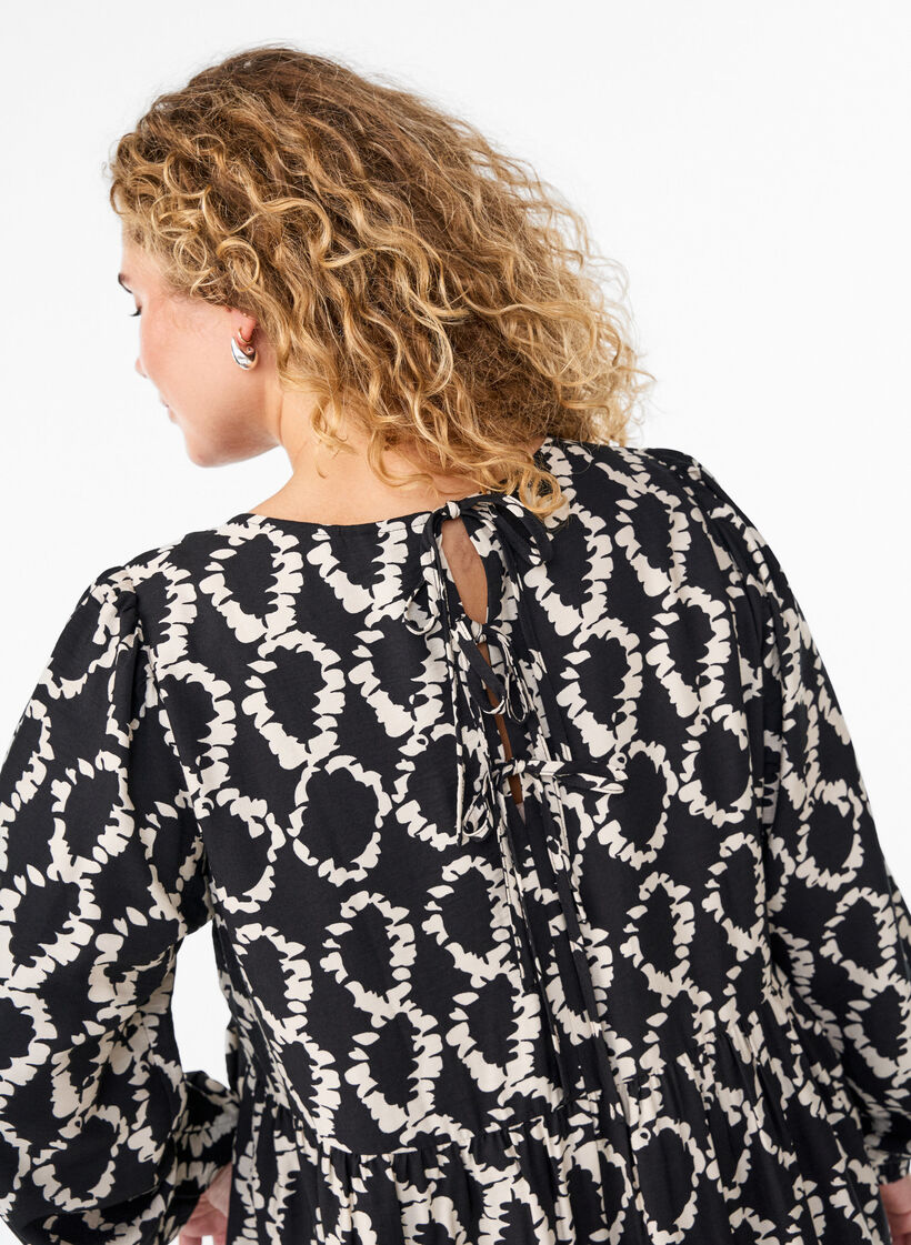 Jurk met lange mouwen, print en strikjes, Zwart, Model image number 3