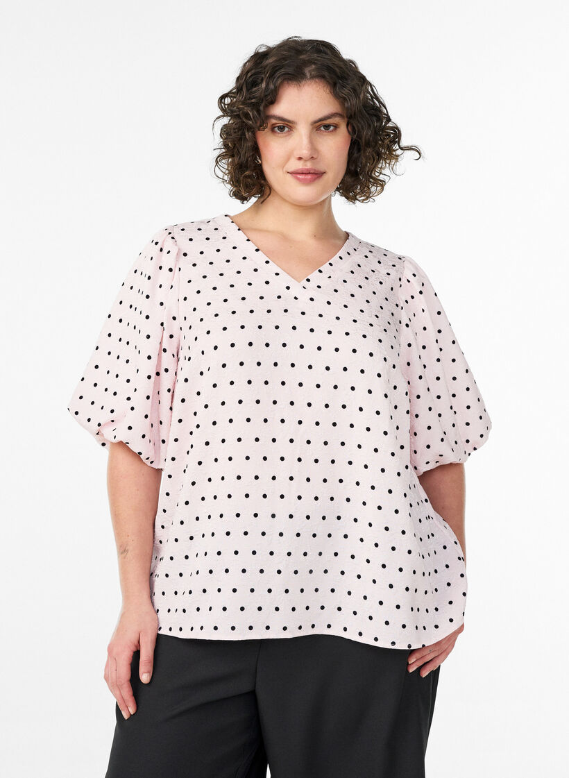 Blouse met ballonmouwen en polkadotpatroon, Roze, Model image number 0
