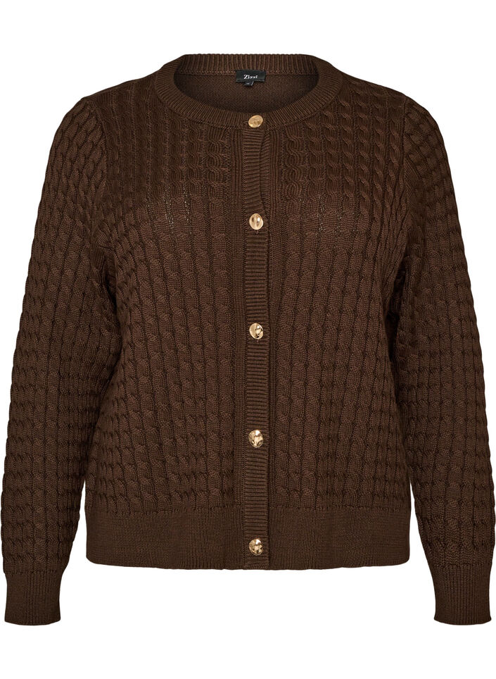 Cardigan en maille torsad&eacute;e avec boutons dor&eacute;s, Marron, Packshot image number 0