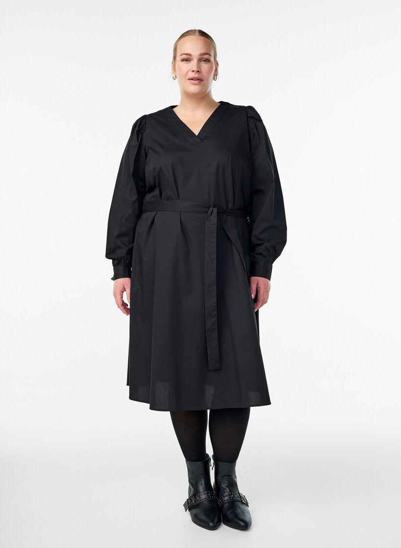 Jurk in biologisch katoen met strikceintuur, Zwart, Model image number 0