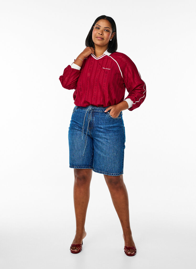 Jersey blouse met een textuur en contrasterende details, Rood, Model image number 1