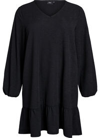 Korte jurk met een ruffle zoom en structuur, Zwart Korte jurk met een ruffle zoom en structuur