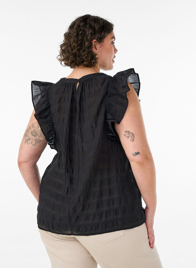 Blouse met textuur en ruches zonder mouwen, Zwart, Model image number 2
