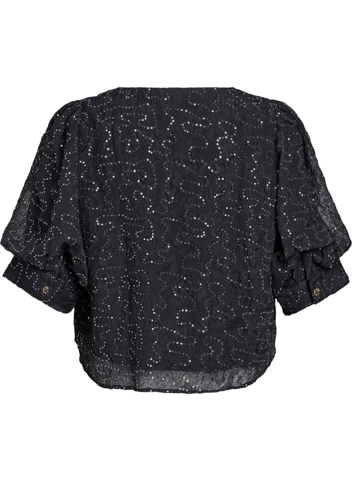 Feestelijke blouse met pailletten en halflange mouwen, Zwart, Packshot image number 1
