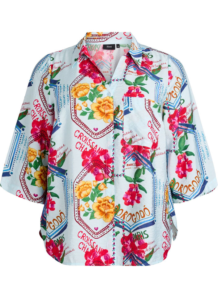 Shirtblouse met mouwen tot aan de ellebogen en kleurrijke print, Blauw, Packshot