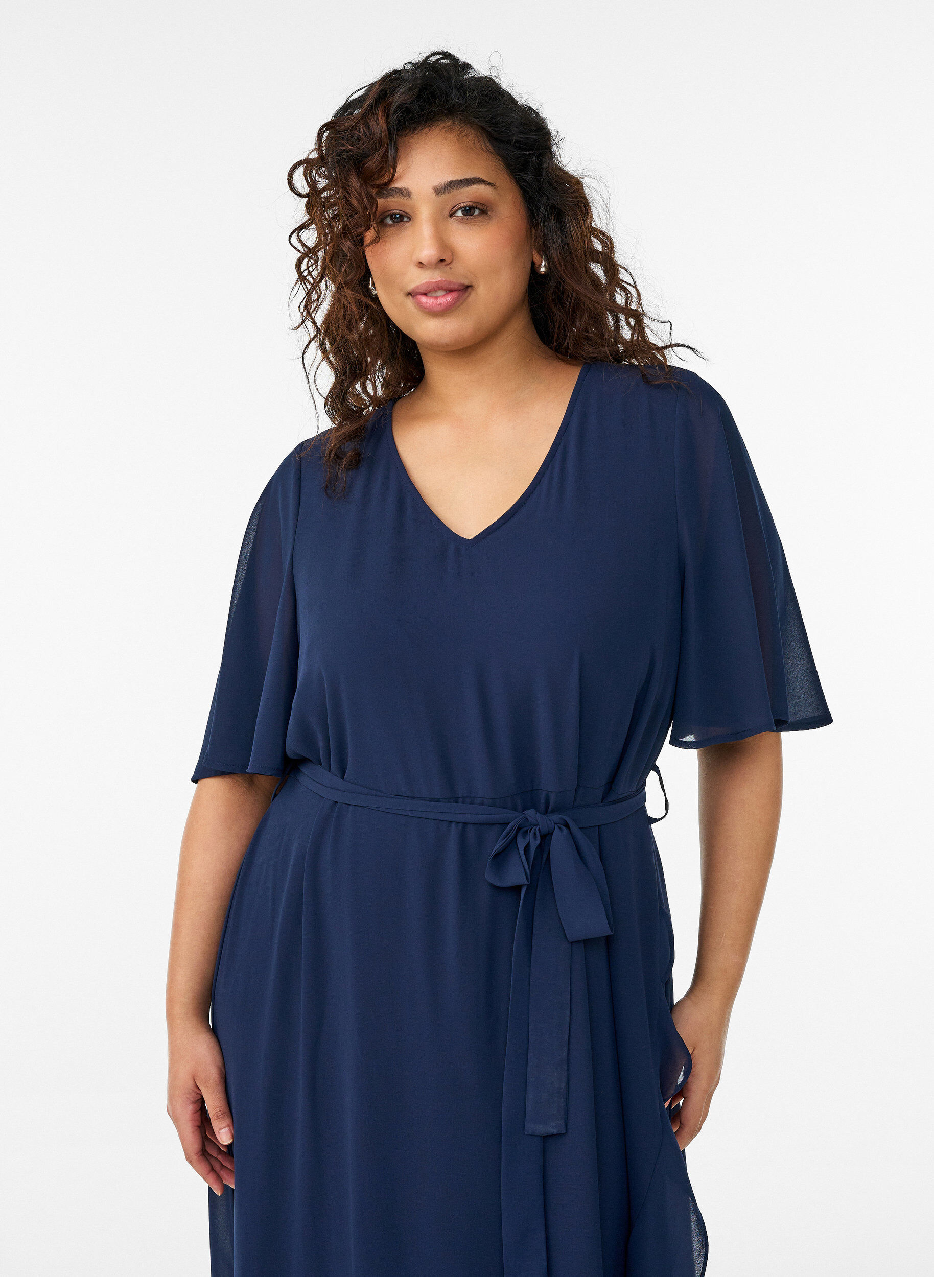 ZizziChiffon maxi-jurk met een V-hals en ruches aan de zoom, Blauw, Model image number 2