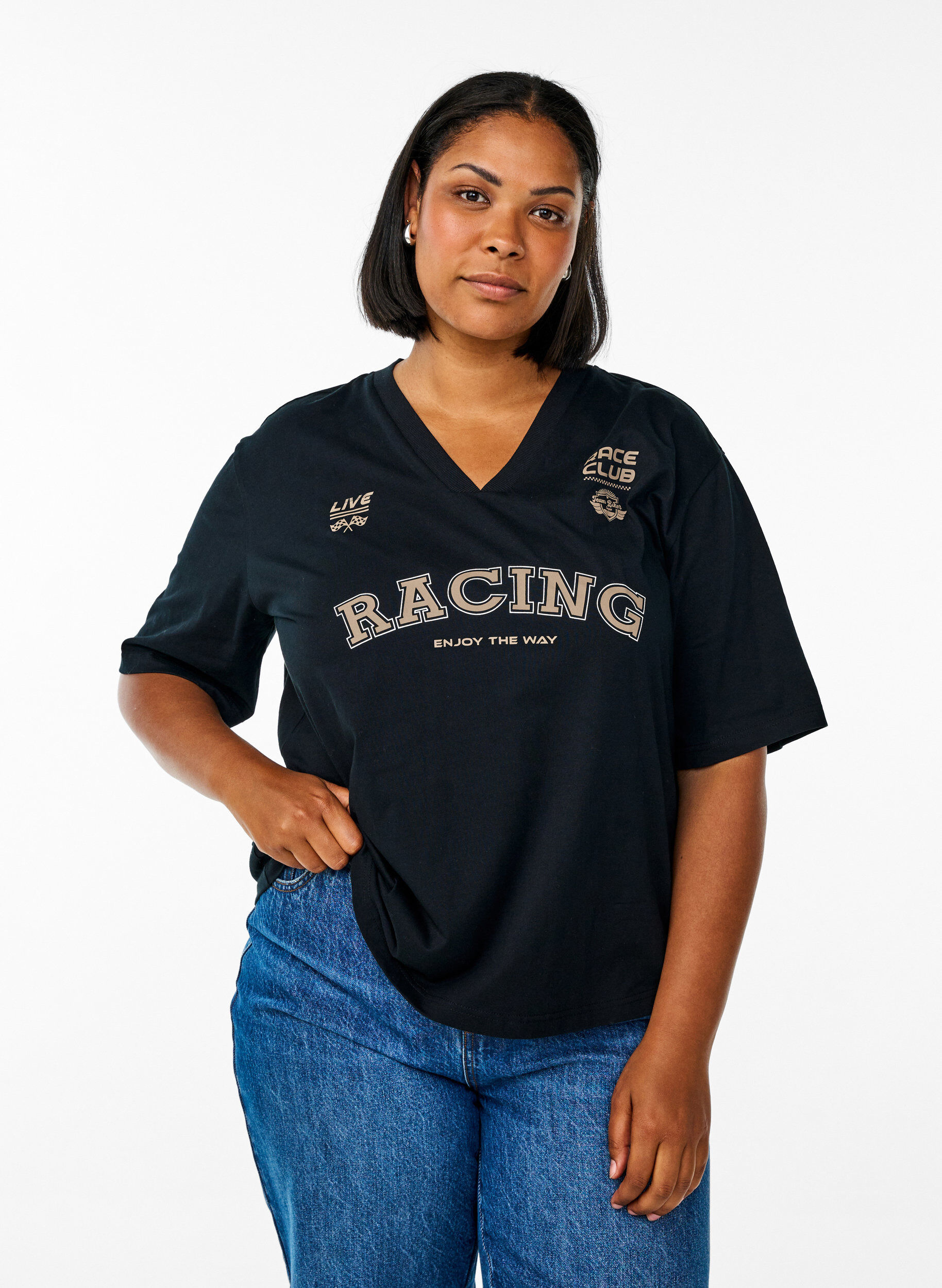 Oversized T-shirt met Racing print, Zwart, Model