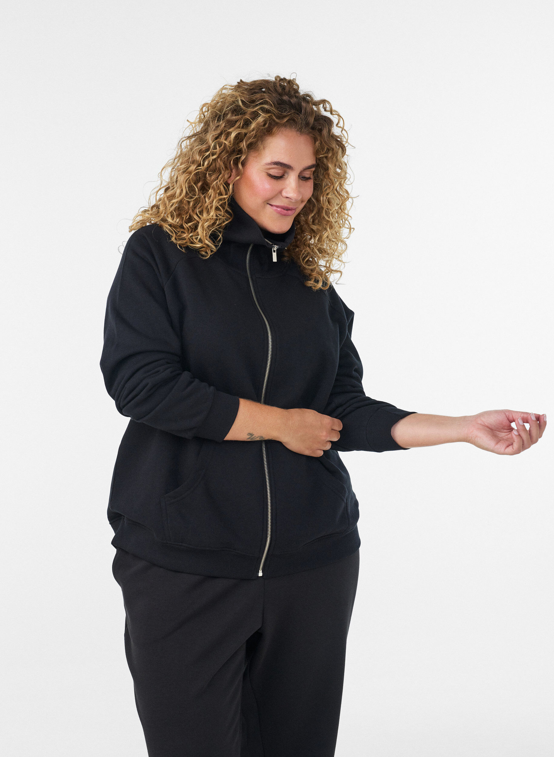 Sweatvest met hoge kraag en rits, Zwart, Model
